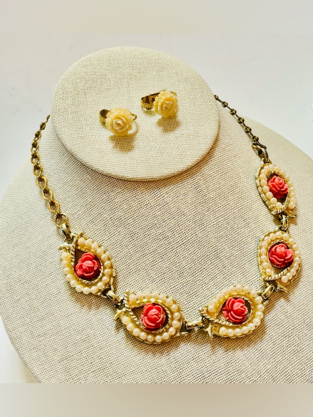Mid-Century Faux Coral Rose Choker Necklace and Clip-On Earring Set